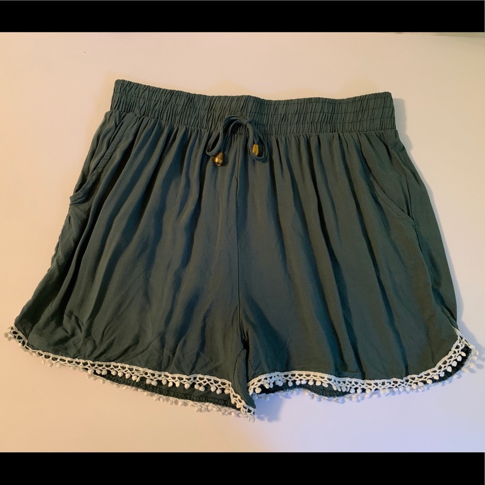 Green Shorts with White Crochet Trim
